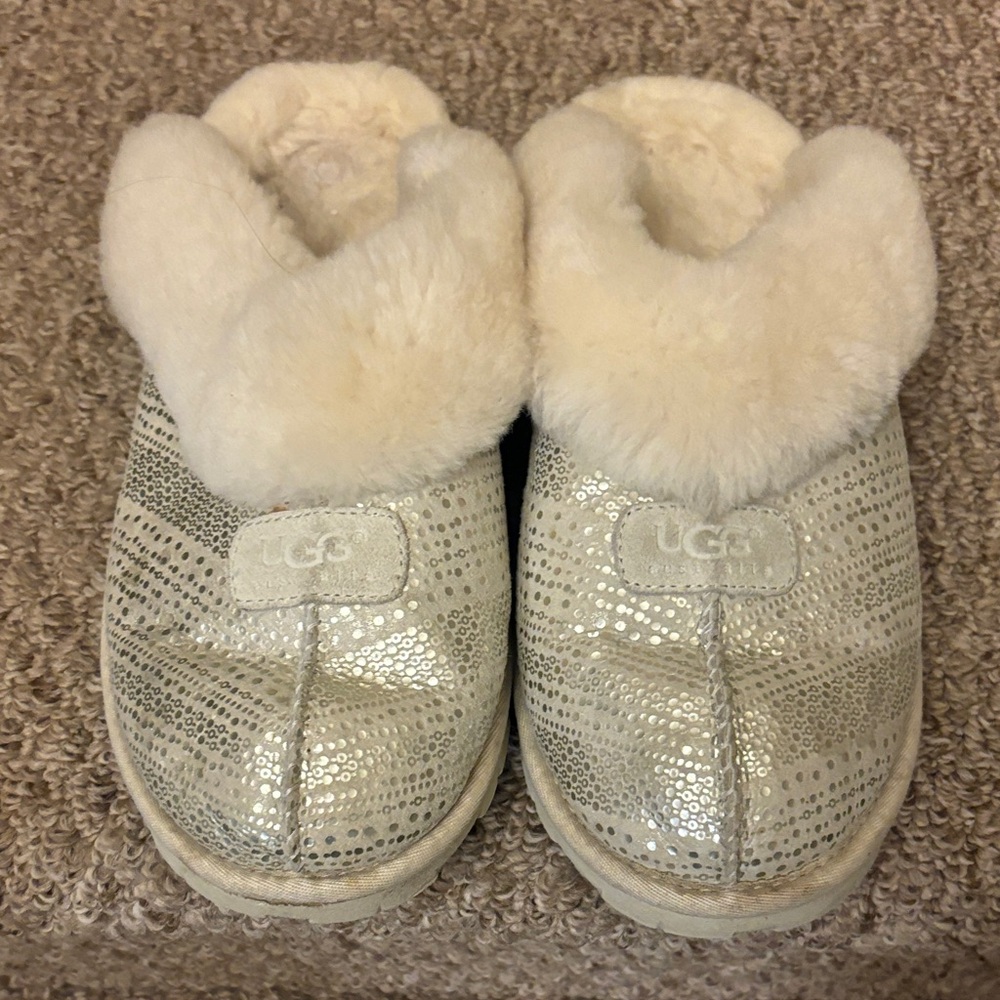 UGG Shimmering Silver and Cream Slippers Size 10